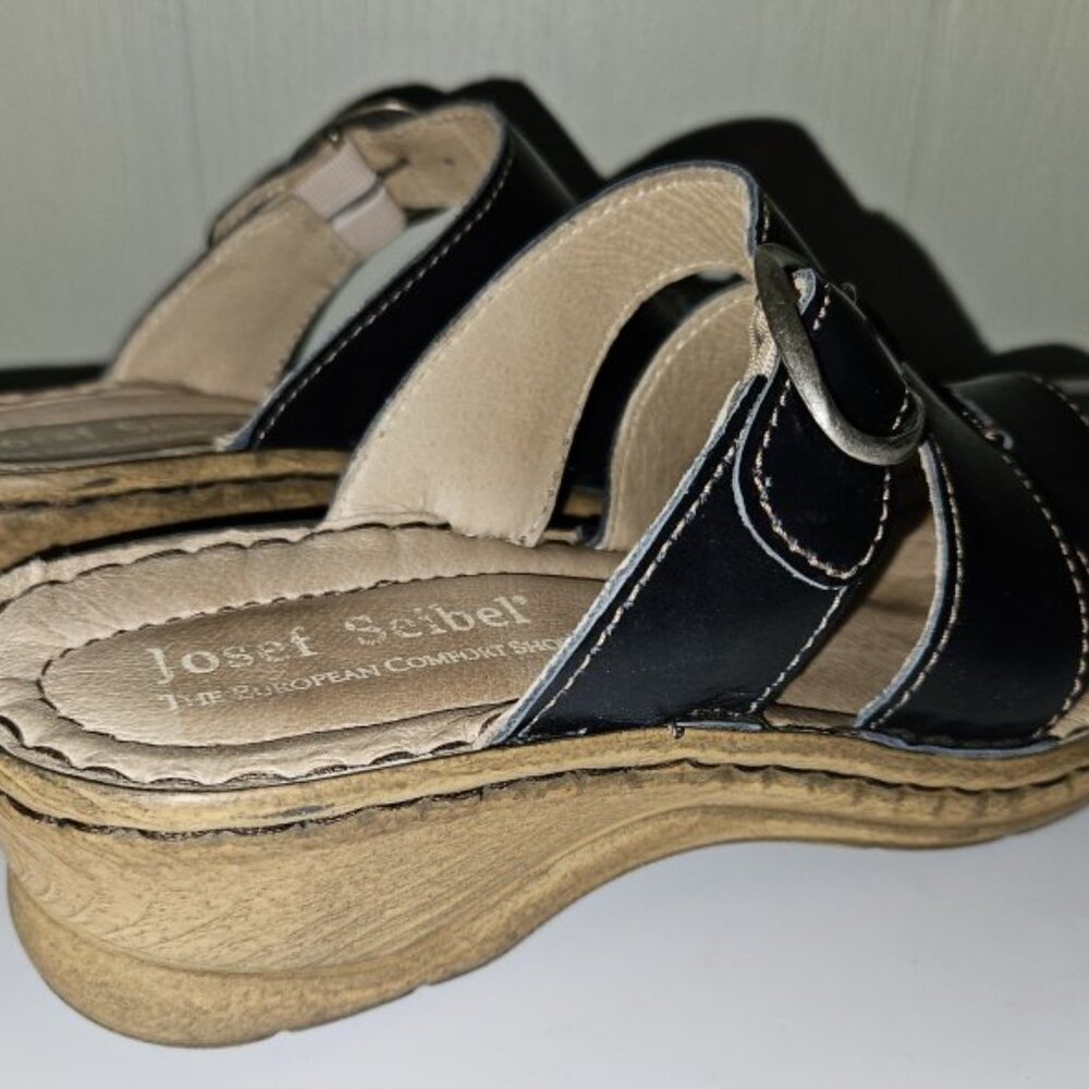 JOSEF SEIBEL Navy Blue 3 Strap Wedge Slip On Sandals Ladies 38 Size 7.5 - Picture 5 of 5